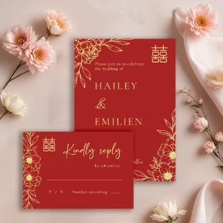 Peony Flowers Modern Chinees Rood Goud Huwelijk RS Kaart