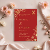 Peony Flowers Modern Chinese Red Gold Wedding  Kaart