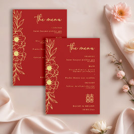 Peony Flowers Modern Chinese Red Gold Wedding Menu Kaart