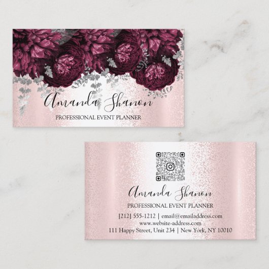 Peony Flowers Pink Silver Logo Event Planner Visitekaartje (Voorkant / Achterkant)