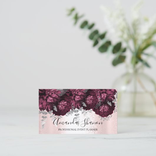 Peony Flowers Pink Silver Logo Event Planner Visitekaartje (Staand voorkant)