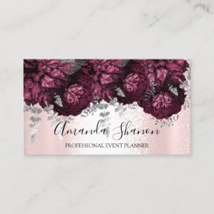 Peony Flowers Pink Silver Logo Event Planner Visitekaartje