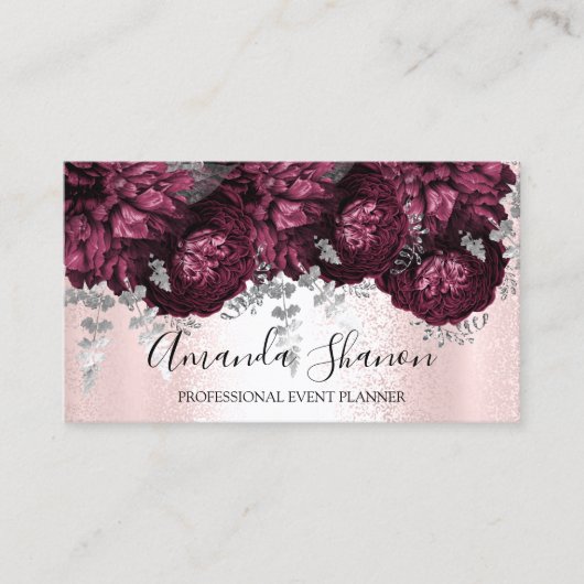 Peony Flowers Pink Silver Logo Event Planner Visitekaartje (Voorkant)