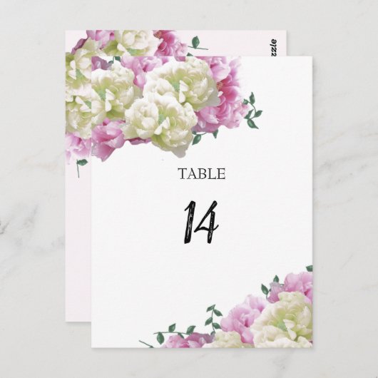 Peony Flowers Table Seating Number Kaart (Voorkant / Achterkant)