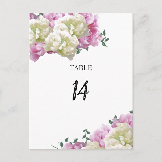 Peony Flowers Table Seating Number Kaart (Voorkant)