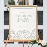 Peony Garden Green Floral Bridal Shower Welcome Poster<br><div class="desc">Dit elegante vrijgezellenfeest met bloemsierpioenen is ideaal voor lente- of zomertuinieren en heeft een rand van stoffige salie met groene pioenbloemcontourillustraties langs de vrijgezellenfeest. Personaliseer dit vrijgezellenfeest welkomstbord met uw evenementnaam,  de datum en het jaar.</div>