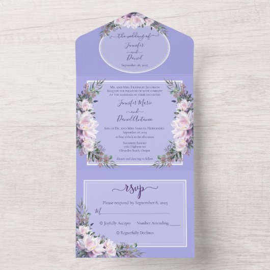 Peony Garden Periwinkle All in One Wedding Invite All In One Uitnodiging (Binnen)
