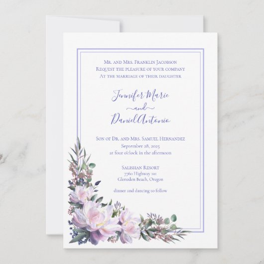 Peony Garden Periwinkle White Wedding Invitation Kaart (Voorkant)
