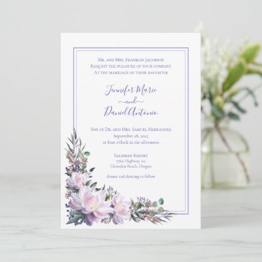 Peony Garden Periwinkle White Wedding Invitation Kaart (Staand voorkant)