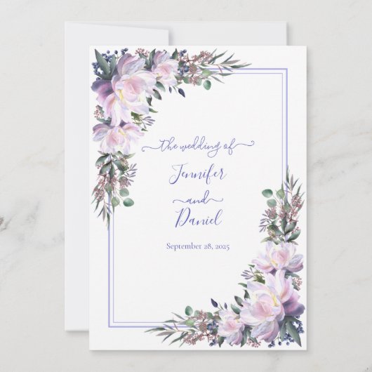 Peony Garden Periwinkle White Wedding Invitation Kaart (Achterkant)