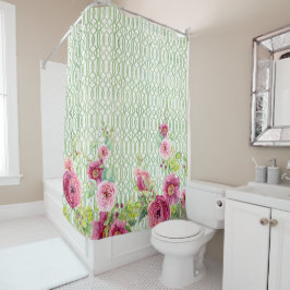 Peony Garden Trellis Pink Burgundy Roos Waterverf Douchegordijn