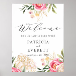 Peony gold bloemen Boho Wedding Welcome Poster