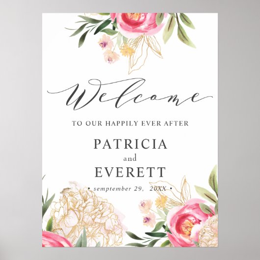 Peony gold bloemen Boho Wedding Welcome Poster (Voorkant)