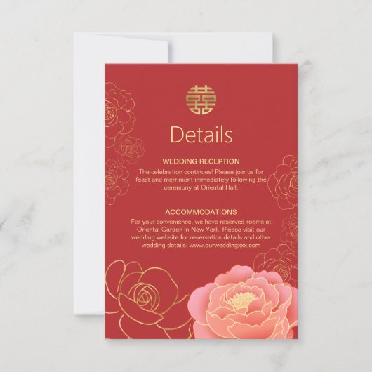 Peony Gold Chinese Wedding Details Enclosure Kaart (Voorkant)