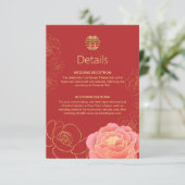 Peony Gold Chinese Wedding Details Enclosure Kaart (Staand voorkant)