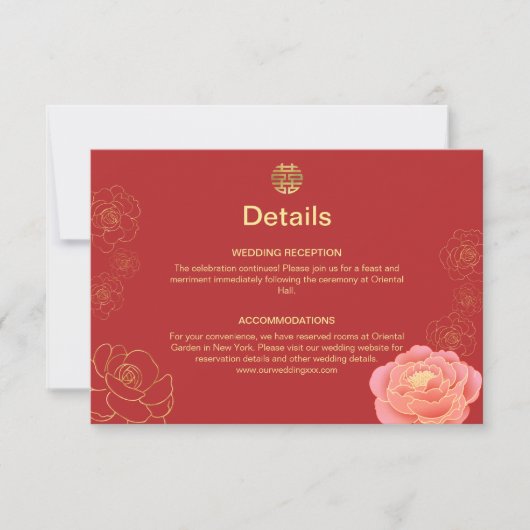Peony Gold Chinese Wedding Details Enclosure Kaart (Voorkant)
