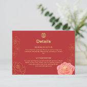 Peony Gold Chinese Wedding Details Enclosure Kaart (Staand voorkant)