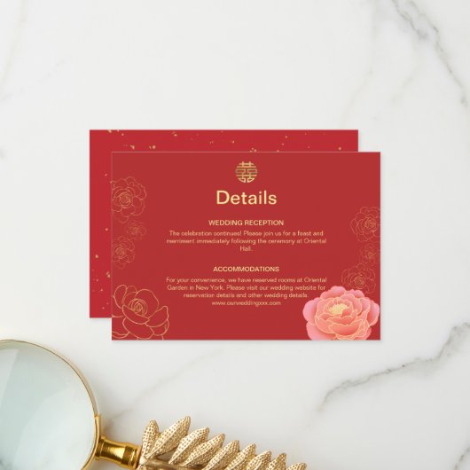 Peony Gold Chinese Wedding Details Enclosure Kaart (Voorkant / Achterkant in situ)