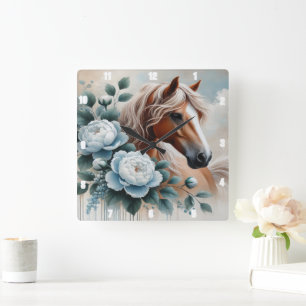 Peony Horse Bloemen uurwerk Vierkante Klok