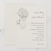 Peony Ink Schets Ecru Elegante Kalligrafie Bruilof Kaart (Voorkant / Achterkant)