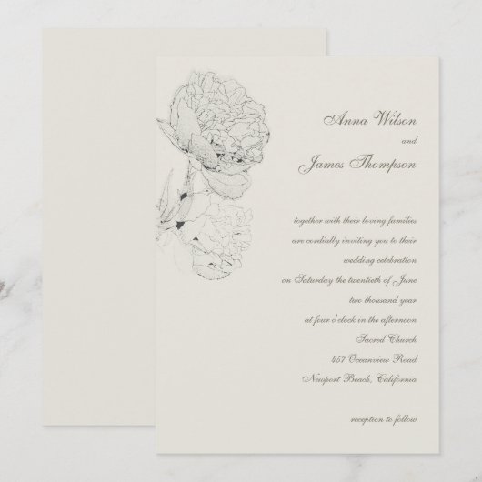Peony Ink Schets Ecru Elegante Kalligrafie Bruilof Kaart (Voorkant / Achterkant)
