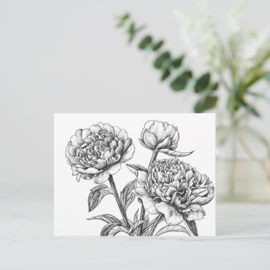 Peony-inkttekening Briefkaart (Staand voorkant)