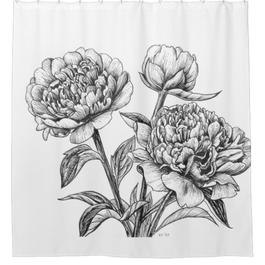 Peony-inkttekening Douchegordijn (Voorkant)