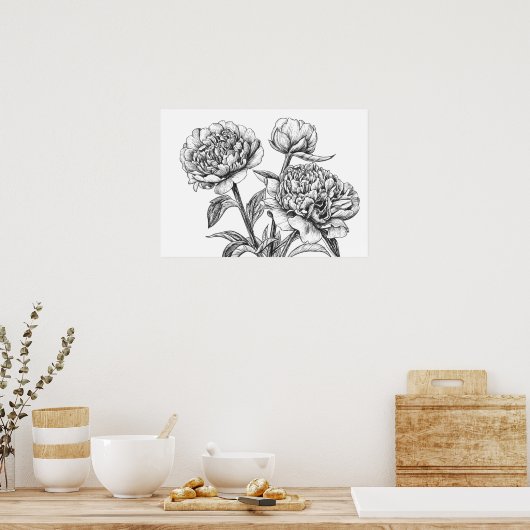 Peony-inkttekening Poster (Keuken)