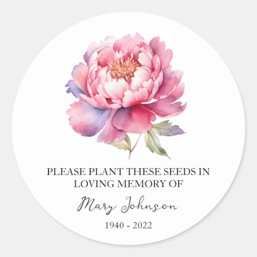 Peony Memorial Funeral Seed Packet Ronde Sticker (Voorkant)