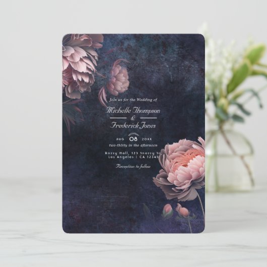 Peony Midnight Floral QR Code Weddenschap Kaart (Staand voorkant)