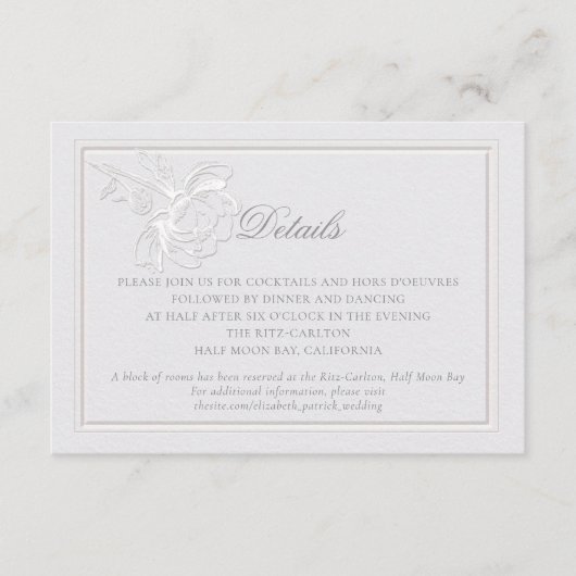 Peony Modern formeel Elegant Ivoor Wedding Details Informatiekaartje (Voorkant)