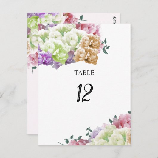 Peony Multicolor Table Seating Number Kaart (Voorkant / Achterkant)