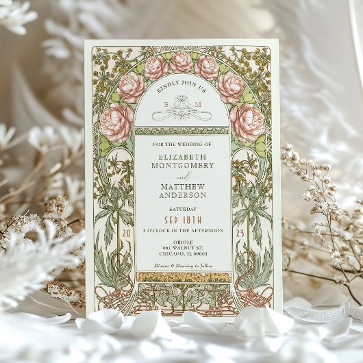 Peony Nouveau Wedding Invitation Alphonse Mucha Kaart