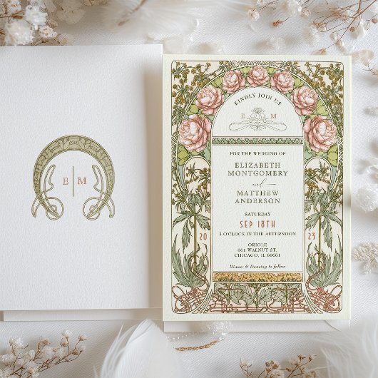 Peony Nouveau Wedding Invitation Alphonse Mucha Kaart