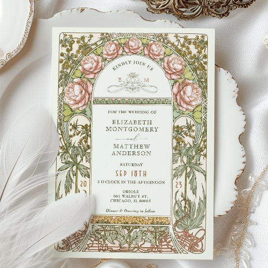 Peony Nouveau Wedding Invitation Alphonse Mucha Kaart