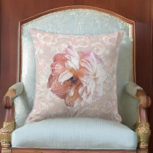 Peony op Faux Peachy Pink Lace Kussen