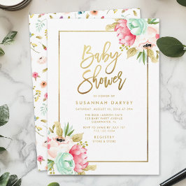 Peony Pastel Waterverven Gold Script Baby shower Kaart