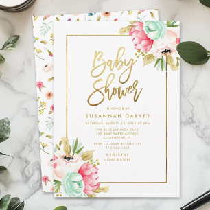 Peony Pastel Waterverven Gold Script Baby shower Kaart
