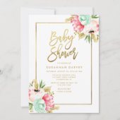 Peony Pastel Waterverven Gold Script Baby shower Kaart (Voorkant)