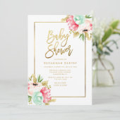 Peony Pastel Waterverven Gold Script Baby shower Kaart (Staand voorkant)