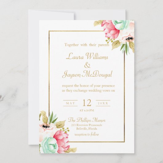 Peony Pastel Waterverven Gold Script Wedding Kaart (Voorkant)