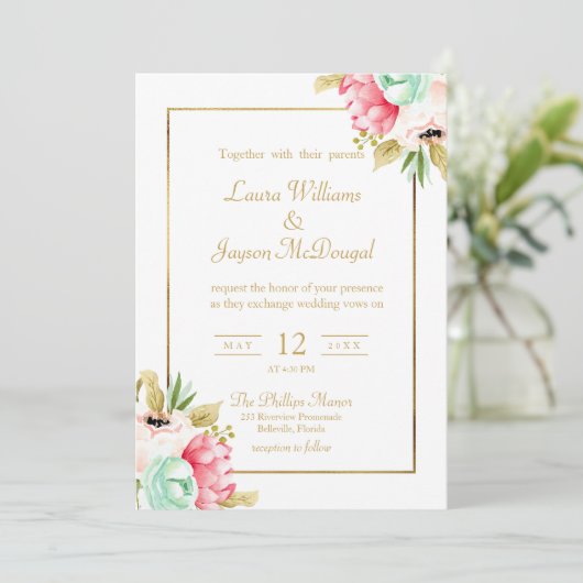 Peony Pastel Waterverven Gold Script Wedding Kaart (Staand voorkant)