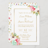 Peony Pastel Waterverven Gold Script Wedding Kaart (Voorkant / Achterkant)
