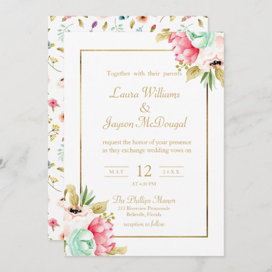 Peony Pastel Waterverven Gold Script Wedding Kaart (Voorkant / Achterkant)