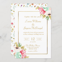 Peony Pastel Waterverven Gold Script Wedding Kaart