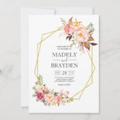 Peony Pink Blush en gouden bruiloft Kaart (Voorkant)