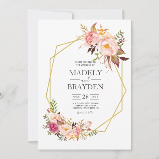 Peony Pink Blush en gouden bruiloft Kaart (Voorkant)