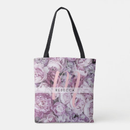 Peony Pink Roses Floral Monogram Tote Bag