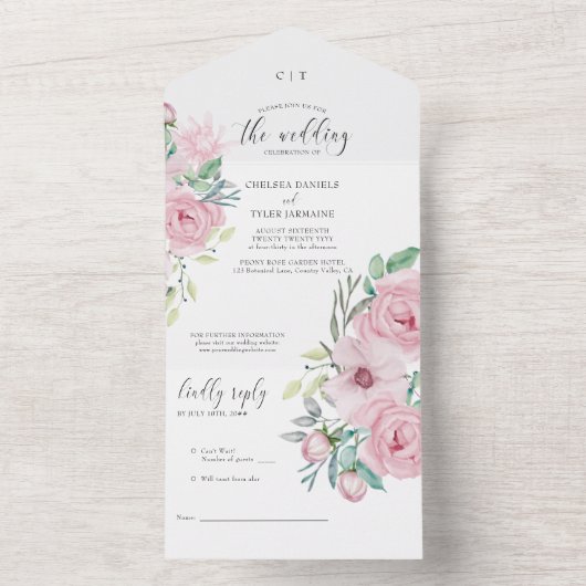 Peony Roos Pastel Pink Floral Wedding All In One Uitnodiging (Binnen)