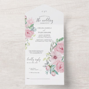 Peony Roos Pastel Pink Floral Wedding All In One Uitnodiging